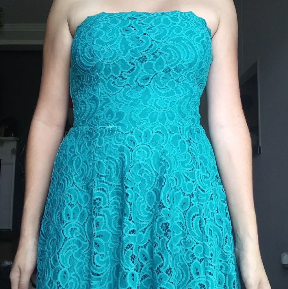 Teal Strapless lace dress